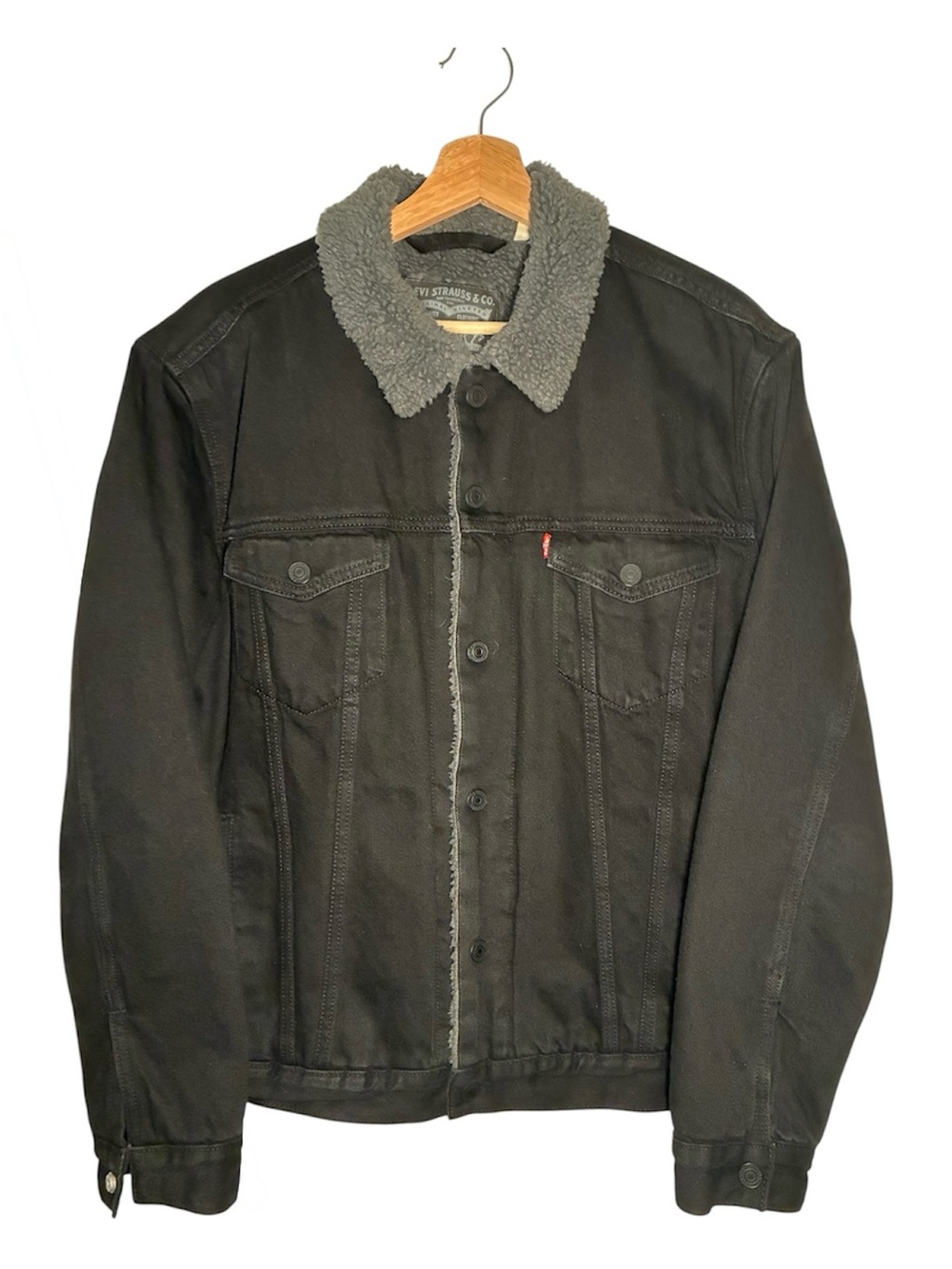 Levi's Black Denim Sherpa-Lined Trucker Jacket with Gray Collar